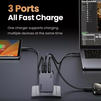 3-портово мини бързо зарядно устройство GaN Ugreen Nexode Pro 25871 220V 2xUSB-C, 1xUSB A, 65W