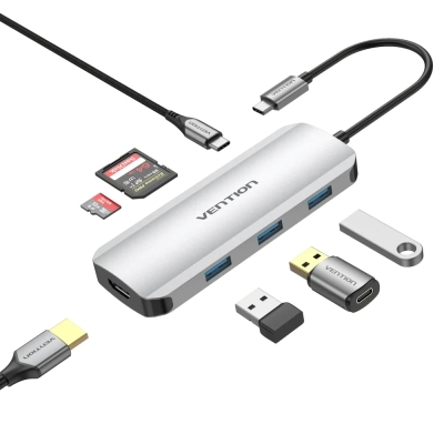 Vention докинг станция Docking Station Type-C - TOJHB - HDMI x 1, USB3.0 x 3, USB-C PD100W x 1, SD/TF