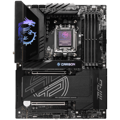 MSI MPG X870E CARBON WIFI, ATX, Socket AM5, 4x DDR5 Dual Channel DDR5 up to 8400(OC)MHz, 3x PCIe 3.0 x16 slot, 4x M.2 slot, 9x USB 10Gbps, 2x 10Gbps Type-C, 2x 40Gbps Type-C, HDMI, 7.1 HD Audio, 2.5+5G LAN, WiFI 7, BT, 3Y