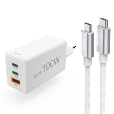 HAMA Комплект Бързо зарядно и кабел за зареждане, 100 W GaN, 2x USB-C PD, 1x USB-A QC