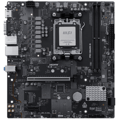 MSI PRO B840M-B, mATX, Socket AM5, 2x DDR5 Dual Channel DDR5 up to 8000(OC)MHz, 1x PCIe x16 slot, 2x M.2 slot, 2x USB 2.0, 4x USB 5Gbps, HDMI, VGA, 7.1 HD Audio, 2.5G LAN, 3Y