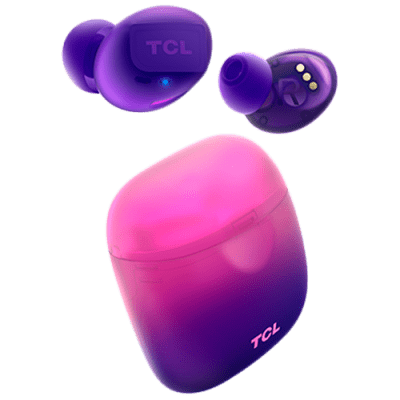 TCL In-Ear True Wireless Bluetooth Headset, Frequency of response 9-22K, Sensitivity 100 dB, Driver Size 5.8mm, Impedence 13 Ohm, Max power input 20mW, Playtime 6.5h/26h, IPX4, Bluetooth 5.0, A2DP, AVRCP, HFP, HS, USB-C, Color Sunrise Purple