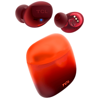 TCL In-Ear True Wireless Bluetooth Headset, Frequency of response 9-22K, Sensitivity 100 dB, Driver Size 5.8mm, Impedence 13 Ohm, Max power input 20mW, Playtime 6.5h/26h, IPX4, Bluetooth 5.0, A2DP, AVRCP, HFP, HS, USB-C, Color Sunset Orange