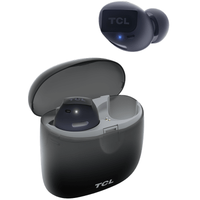 TCL In-Ear True Wireless Bluetooth Headset, Frequency of response 9-22K, Sensitivity 100 dB, Driver Size 5.8mm, Impedence 13 Ohm, Max power input 20mW, Playtime 6.5h/26h, IPX4, Bluetooth 5.0, A2DP, AVRCP, HFP, HS, USB-C, Color Phantom Black