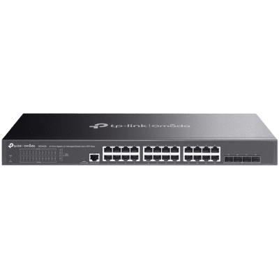 TP-Link SG3428 Omada 24-Port Gigabit L2+ Managed Switch with 4 SFP Slots, 24× Gigabit RJ45 ports and 4× Gigabit SFP slots, Omada APP, Static Routing, VLAN, ACL, QoS, IGMP Snooping, OAM, DDM, ERPS, Fanless, 1U, Zero-TouchProvisioning, ERPS