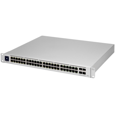 Ubiquiti USW-PRO-48-POE 48 port gigabit L3 PoE++ switch, 40 x GbE PoE+ Ports, 8 x GbE PoE++ ports, 4 x 10G SFP+ ports, 600W total PoE availability, Layer 3 switching, Near-silent cooling, LCM display 1.3" touchscreen