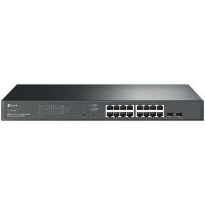 TP-Link SG2218P Omada 18-Port Gigabit Smart Switch with 16-Port PoE+, 16× Gigabit 802.3af/at PoE+ ports and 2× Gigabit SFP Slots, 150 W total PoE budget, Centralized cloud management via the web or the Omada app, Static Routing, VLAN, ACL, QoS, IGM