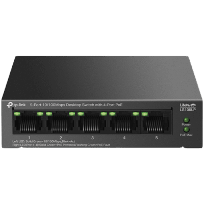 TP-Link LS105LP 5-Port 10/100 Mbps Desktop Switch with 4-Port PoE, 4× 10/100 Mbps PoE Ports, 1× 10/100 Mbps Non-PoE Port, 802.3af, 41 W PoE Power, Desktop Steel Case, Extend Mode for 250m PoE Transmitting, PoE Auto Recovery, Plug and Play