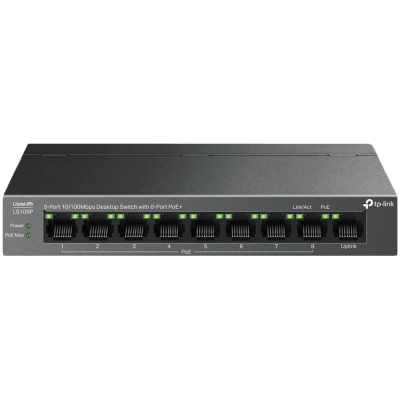 TP-Link LS109P 9-Port 10/100 Mbps Desktop Switch with 8-Port PoE+, 8× 10/100 Mbps PoE+ Ports, 1× 10/100 Mbps Non-PoE Port, 802.3at/af, 63 W PoE Power, Desktop Steel Case, Extend Mode for 250m PoE Transmitting, Isolation Mode, PoE Auto Recovery