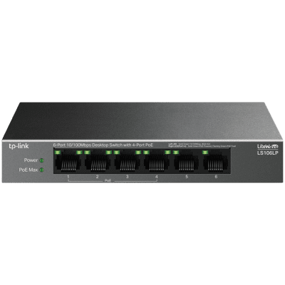 TP-Link LS106LP 6-Port 10/100 Mbps Desktop Switch with 4-Port PoE, 4× 10/100 Mbps PoE Ports, 2× 10/100 Mbps Non-PoE Ports, 802.3af, 41 W PoE Power, Desktop Steel Case, Extend Mode for 250m PoE Transmitting, PoE Auto Recovery, Plug and Play