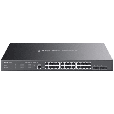 TP-Link SG3428MP Omada 28-Port Gigabit L2+ Managed Switch with 24× Gigabit 802.3af/at PoE+ ports and 4× Gigabit SFP slots, 384 W total PoE budget, Omada app, Static Routing, VLAN, ACL, QoS, IGMP Snooping, OAM, and DDM, ERPS, Zero-Touch Provisioning
