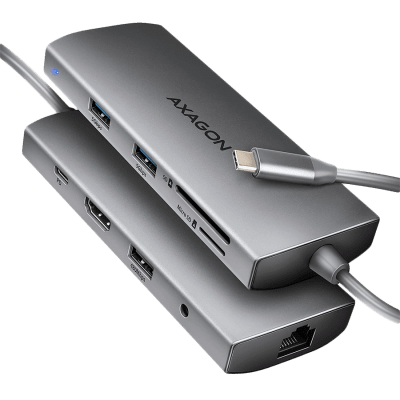 AXAGON HMC-8HLSA USB-C 3.2 Gen 1 hub, 3x USB-A + 4K/30Hz HDMI + SD/microSD, GLAN, Audio, PD 100W, 20cm USB-C cable