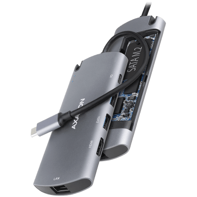 Axagon HMC-6M2 SUPERSPEED USB-C COMBO 6IN1 HUBMultiport USB 3.2 Gen 1 hub. SATA M.2, HDMI, Gigabit LAN and Power Delivery. Cable USB-C 18 cm.
