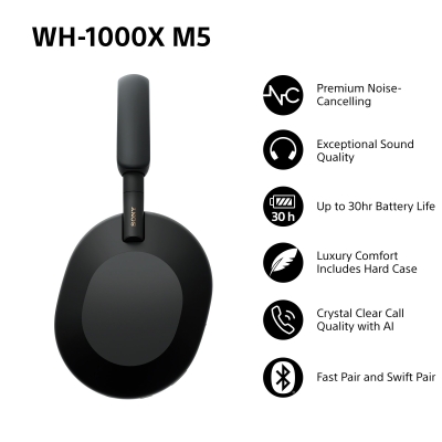 Слушалки с шумопотискане Sony WH-1000XM5 WH1000XM5SAB.CE7 - черни, безжични