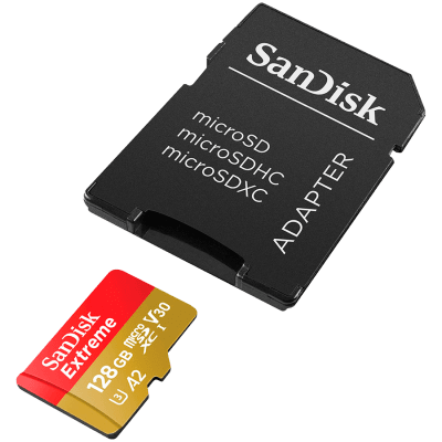 SanDisk Extreme microSDXC 128GB for Action Cams and Drones + SD Adapter + 1 year RescuePRO Deluxe up to 190MB/s & 90MB/s Read/Write speeds A2 C10 V30 UHS-I U3