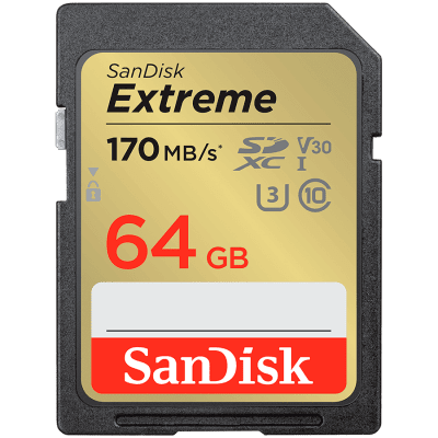 SanDisk Extreme 64GB SDXC Memory Card + 1 year RescuePRO Deluxe up to 170MB/s & 80MB/s Read/Write speeds, UHS-I, Class 10, U3, V30