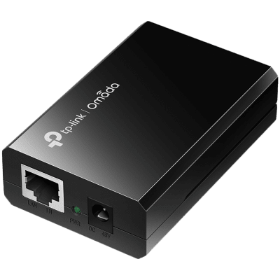 TP-Link POE150S Omada PoE Injector, 2× 10/100/1000Mbps RJ45 Port, IEEE 802.3af compliant, 1× 48VDC Power Input Port, Data and power carried over the same cable up to 100 meters, plastic case, Auto-determine the necessary power requirements