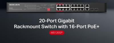 20-портов гигабитов комутатор за монтаж в шкаф Mercusys MS120GP с 16 PoE+ порта