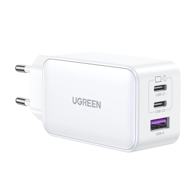 Зарядно устройство Ugreen 15339 Nexode Мрежов адаптер, 2xUSB-C, USB-A 3.0, PD3.0, QC4.0, GaN, 65W - бяло