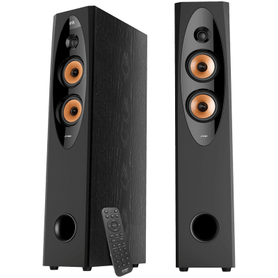 F&D T-60X PRO 2.0 Floorstanding Speakers, 120W RMS ( 60Wx2), 1'' Tweeter + 4'' Speakers x2 + 8'' Subwoofer for each channel, BT 5.3/Optical/COAXIAL/AUX/USB/Karaoke function/LED Display/Remote control/Microphone/Wooden, Touch buttons, Black