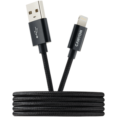 CANYON CFI-3, Lightning USB Cable for Apple, braided, metallic shell, cable length 1m, Black, 14.9*6.8*1000mm, 0.02kg