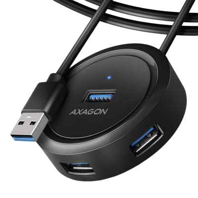 Universal four-port USB 3.2 Gen 1 hub. Connector for external power supply. USB-A cable 30 cm.