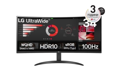Монитор LG 34WR50QK-B - 34" UltraWide Curved, AG, VA, 5ms, 1ms MBR, 21:9, WQHD 3440x1440, 100Hz, HDR 10