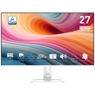 MSI PRO MP275W E2 Professional Business Monitor, 27" 120Hz, FHD (1920x1080) 16:9, IPS Anti-glare, 1ms/4ms, 300nits, 1500:1, 178/178, Adaptive-Sync, HDR Ready, Tilt, Speakers, 1x DP, 1x HDMI, 1x D-Sub, White, 3Y Warranty