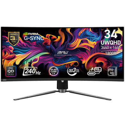 MSI MPG 341CQPX QD-OLED Gaming Monitor, 34.18" 240Hz, UWQHD (3440x1440) 21:9, QD-OLED Anti-Reflection, 0.03ms, 250nits, 1500000:1, 178/178, G-Sync Compatible, DisplayHDR True Black 400, Adjustable Stand, 1x DP, 2x HDMI, 1x Type-C 98W, 3Y Warranty