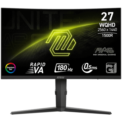 MSI MAG 275CQRF QD E2 Gaming Monitor, 27" 180Hz, WQHD (2560x1440) 16:9, Rapid VA, Anti-glare, Quantum Dot, 0.5ms, 300nits, 5000:1, 178/178, 1500R Curve, AMD FreeSync, HDR Ready, Adjustable Stand, 1x DP, 2x HDMI, 1x Type-C, USB Hub, 3Y Warranty