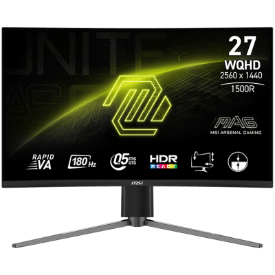 MSI MAG 27CQ6PF Curved Gaming Monitor, 27" 180Hz, WQHD (2560x1440) 16:9, Rapid VA Anti-glare, 1500R Curve, 0.5ms, 300nits, 5000:1, 178/178, AMD FreeSync, HDR Ready, Adjustable Stand, 1x DP, 2x HDMI, 3Y Warranty