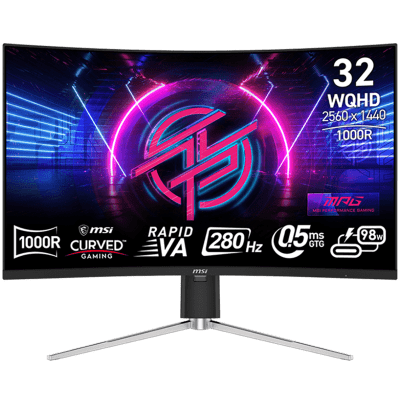 MSI MPG 325CQRXF Gaming Monitor, 31.5" 280Hz, WQHD (2560x1440) 16:9, Rapid VA, Anti-glare, 0.5ms, 350nits, 3200:1, 178/178, 1000R Curve, Adaptive Sync, DisplayHDR 400, Adjustable Stand, 1x DP, 1x HDMI, 1x Type-C 98W, USB Hub, 3Y Warranty