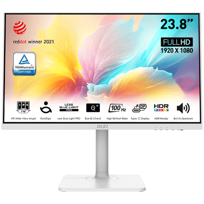 MSI MODERN MD2412PW Professional Business Monitor, 23.8" 100Hz, FHD (1920x1080) 16:9, IPS Anti-glare, 1ms/4ms, 250nits, 1000:1, 178/178, Adaptive-Sync, HDR Ready, Adjustable Stand, Speakers, 1x HDMI, 1x Type-C, White, 3Y Warranty