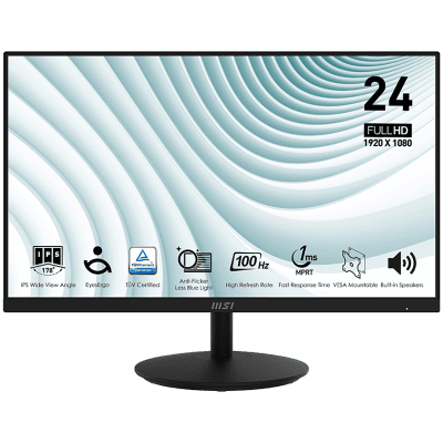 MSI PRO MP242A Professional Business Monitor, 23.8" 100Hz, FHD (1920x1080) 16:9, IPS Anti-glare, 1ms/4ms, 300nits, 1000:1, 178/178, Adaptive-Sync, Tilt, 1x D-Sub(VGA), 1x HDMI, 1x DP, Speakers, 3Y Warranty