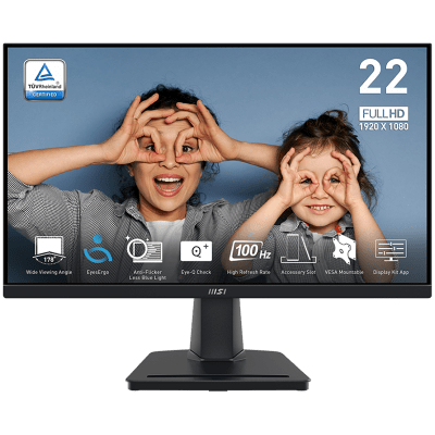 MSI PRO MP225V Professional Business Monitor, 21.45" 100Hz, FHD (1920x1080) 16:9, VA Anti-glare, 1ms/4ms, 300nits, 4000:1, 178/178, Adaptive-Sync, Tilt, 1x D-Sub(VGA), 1x HDMI, 3Y Warranty
