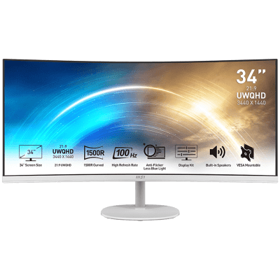 MSI PRO MP341CQW Professional Business Monitor, 34", 100Hz, UWQHD (3440x1440) 21:9, VA Anti-glare, 1ms/4ms, 3000:1, 178/178, 1500R Curve, FreeSync, 2x HDMI, 1x DP, Tilt, Speakers, White, 3Y Warranty