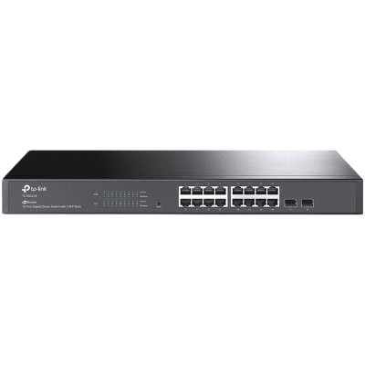TP-Link SG2218 Omada 16-Port Gigabit Smart Switch with 2 SFP Slots, 16×G RJ45 ports and 2×G SFP slots, Fanless, Zero-Touch Provisioning, 802.1Q VLAN, STP/RSTP/MSTP, Omada App, Static Routing, Rack Mountable, 802.1p/DSCP QoS, ACL, 802.1x, CLI, SNMP