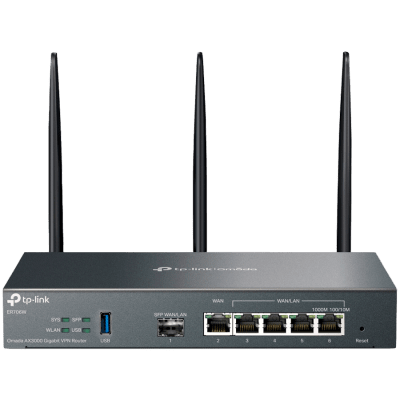 TP-Link ER706W Omada AX3000 Wi-Fi 6 Gigabit VPN Router, 1× Gigabit SFP WAN/LAN Port, 1× Gigabit RJ45 WAN Port, 4× Gigabit WAN/LAN RJ45 Ports, 1× USB 3.0, 574Mbps at 2.4 GHz + 2402 Mbps at 5 GHz (HE160), Integration with Omada SDN, SSL VPN, OpenVP