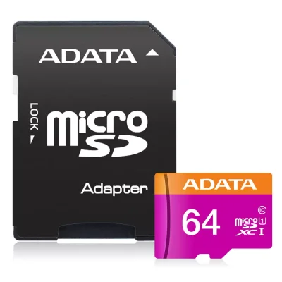 Карта памет 64GB microSDHC, с SD адаптер, A-Data Premier AUSDX64GUICL10-RA1, Class 10 UHS-I, скорост на четене до 80MB/s, скорост на запис до 10MB/s