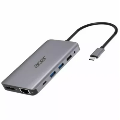 Докинг станция Acer 12 port mini Dock, от USB C към 1x USB 3.2 Type-C, 2x USB 2.0 Type-A, 2x USB 3.2 Type-A, 1x MicroSD/TF четец, 1x DP, 2x HDMI, 1x RJ45, 1x AUX