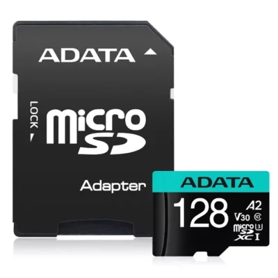 Карта памет 128GB microSDXC с адаптер, AData Premier Pro AUSDX128GUI3V30SA2-RA1, UHS-I V30, скорост на четене до 100МB/s, скорост на запис до 85MB/s