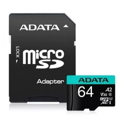 Карта памет 64GB microSDXC с адаптер, A-Data AUSDX64GUI3V30SA2-RA1, Class 10 UHS-I V3, скорост на четене до 100MB/s, скорост на запис до 80MB/s