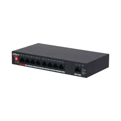 Dahua 9-Port PoE Switch 10/100 Mbps (Unmanaged), 1 Uplink port, 8 PoE, Port1/60W, Port 2-4 /30W, Total-96W, transmission distance of power and data up to 250m, 10Mbps