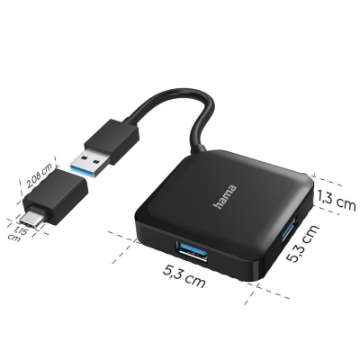 USB hub HAMA, USB-А 4-ports, USB 3.2 Gen 1, 5 Gbit/s, USB-C adapter, Black