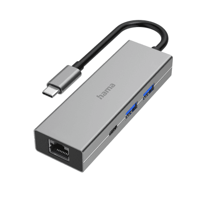 USB hub HAMA, 4-ports 2 x USB-A, USB-C, LAN/Ethernet, Gray