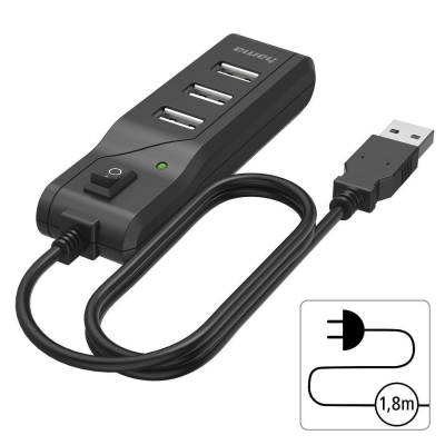 USB hub HAMA, On/Off switch, USB 2.0, 4 ports, 480 Mbit/s, Black