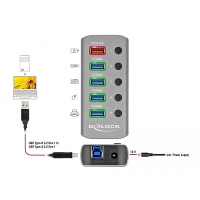 USB hub Delock 3.2 Gen 1, 4 x USB-A, 1 Fast Charging Port, 1 x USB-B, Backlight, Gray