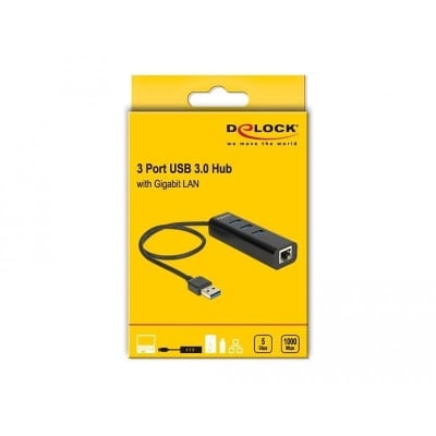 USB hub Delock, 3 x USB 3.0 + 1 port Gigabit LAN, Black