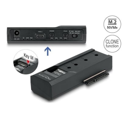 Delock USB-C, 1 x M.2 NVMe SSD + 1 x SATA SSD / HDD, Cloning