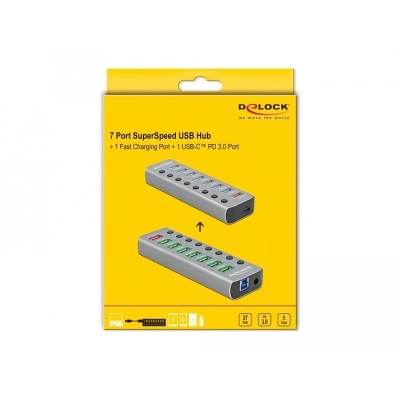 USB hub Delock 7 ports + 1 fast charging port + 1 USB-C™ PD 3.0 port, Backlight, Grey